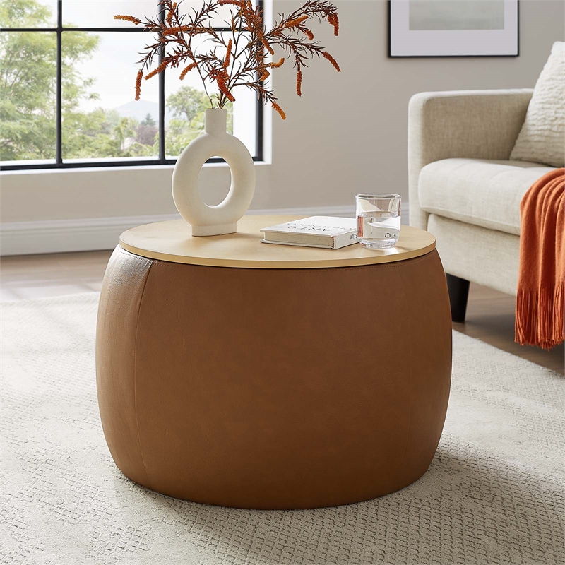 Perla Round Vegan Leather Storage Ottoman in Tan