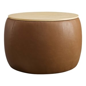 Perla Round Vegan Leather Storage Ottoman in Tan