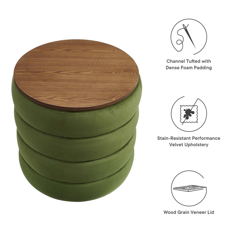 Modway Mezzo Round Performance Velvet Storage Ottoman in Moss Green