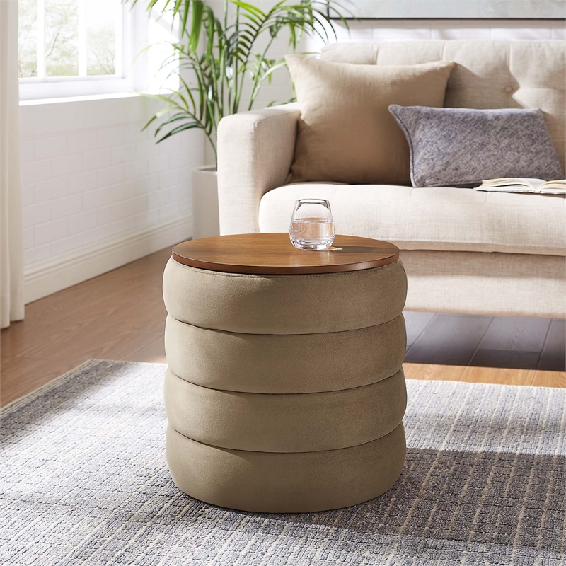 Mezzo Round Performance Velvet Storage Ottoman in Taupe
