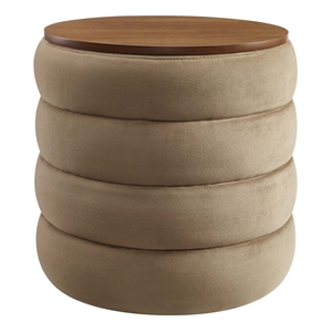 Mezzo Round Performance Velvet Storage Ottoman in Taupe