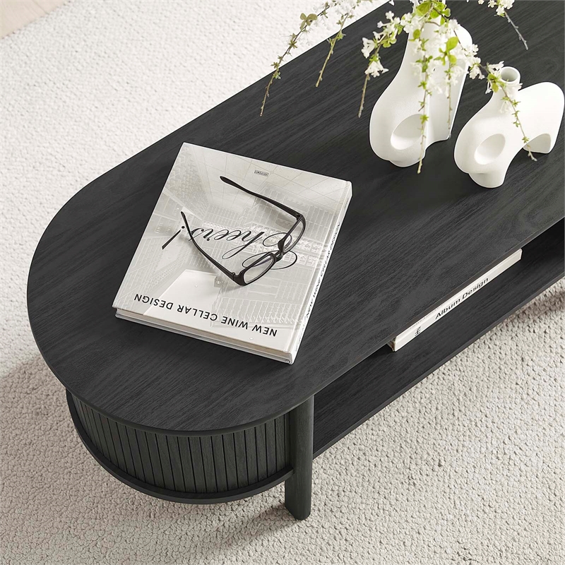 Modway Cadence Rubber Wood Oval Coffee Table w/Curved Edges in Black