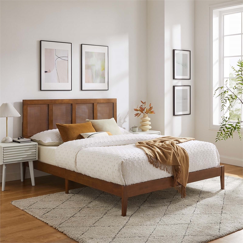 Sirocco Rattan and Wood Queen Platform Bed in Walnut