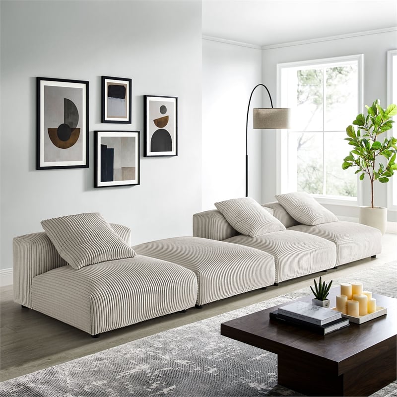 Modway Solace 4-Piece Modular Corduroy Upholstered Sectional Sofa in Almond