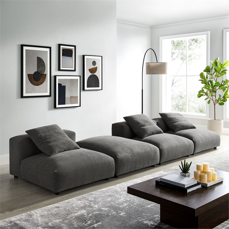 Modway Solace 4-Piece Modular Upholstered Fabric Sectional Sofa in Charcoal