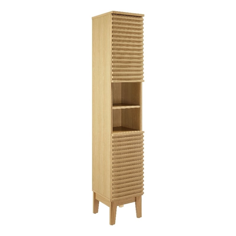 Render Tall Narrow Bathroom Storage Cabinet in Oak