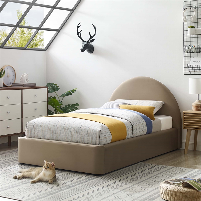 Resort Performance Velvet Arched Round Twin Platform Bed in Taupe
