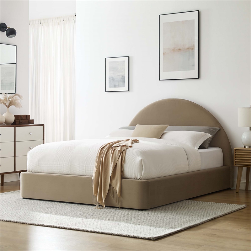 Resort Performance Velvet Arched Round Queen Platform Bed in Taupe