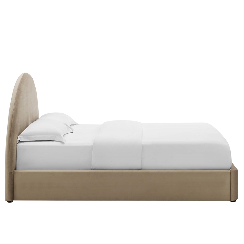 Resort Performance Velvet Arched Round Queen Platform Bed in Taupe