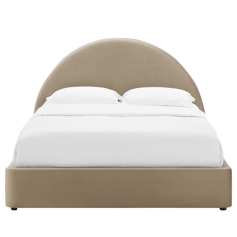 Resort Performance Velvet Arched Round Queen Platform Bed in Taupe