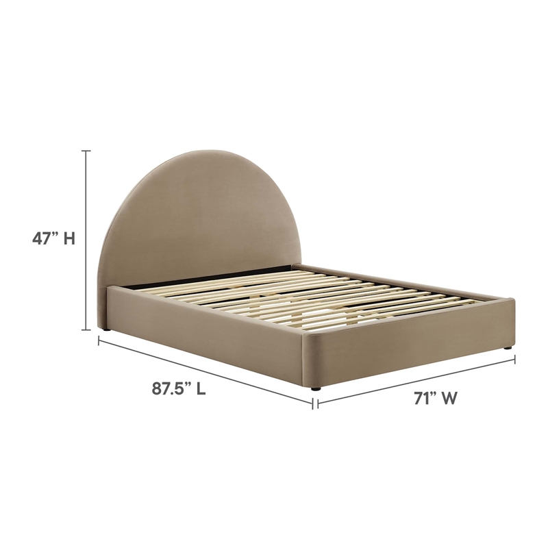 Resort Performance Velvet Arched Round Queen Platform Bed in Taupe