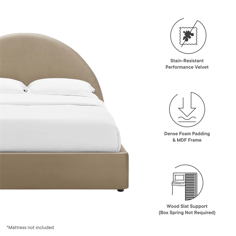 Resort Performance Velvet Arched Round Queen Platform Bed in Taupe