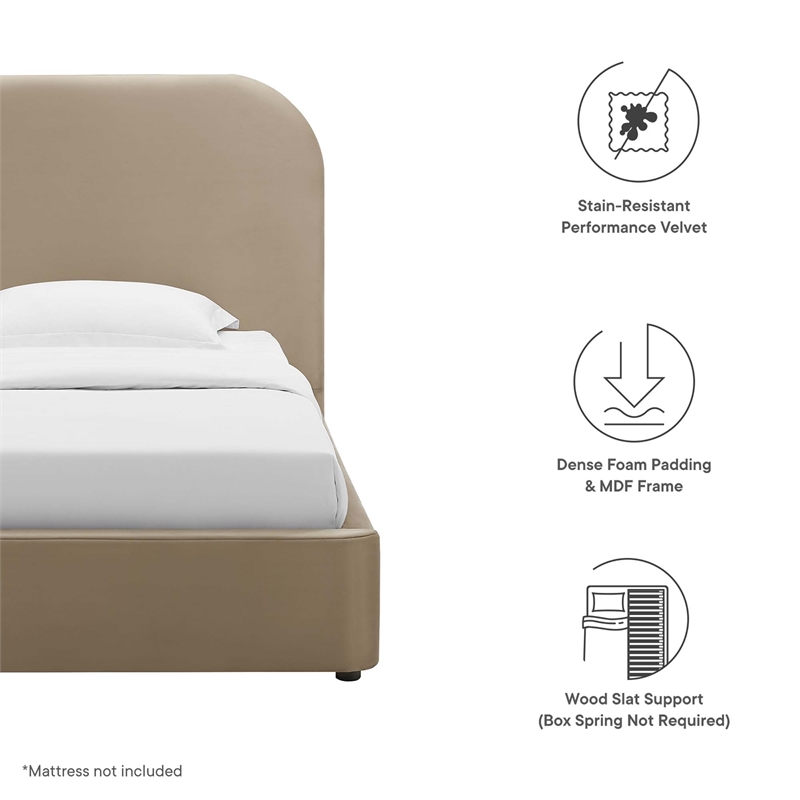 Keynote Performance Velvet Curved Twin Platform Bed in Taupe