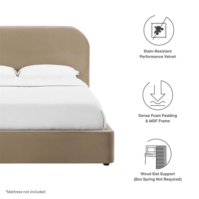 Keynote Performance Velvet Curved Queen Platform Bed in Taupe