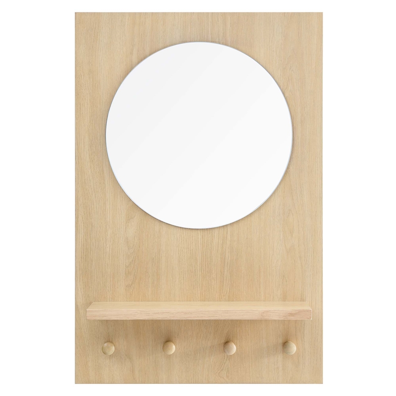 Modway Glint Hanging Wall Round Mirror with Wood Grain Rectangular Frame in Oak