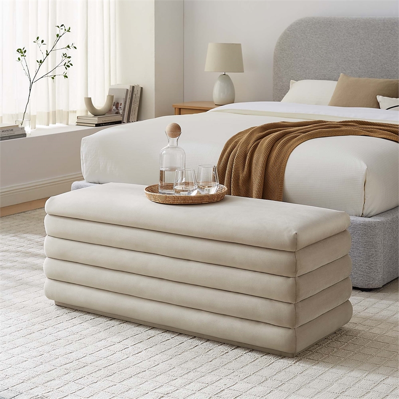Mezzo Upholstered Performance Velvet Storage Bench in Almond