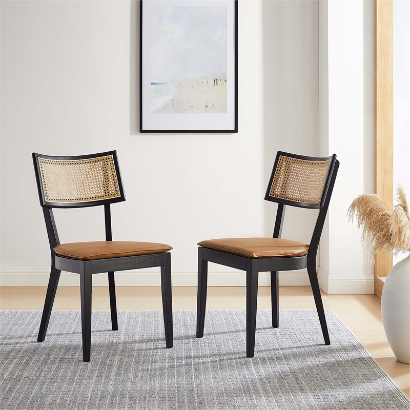 Caledonia Vegan Leather Upholstered Wood Dining ChairsSet of 2 in Black Tan