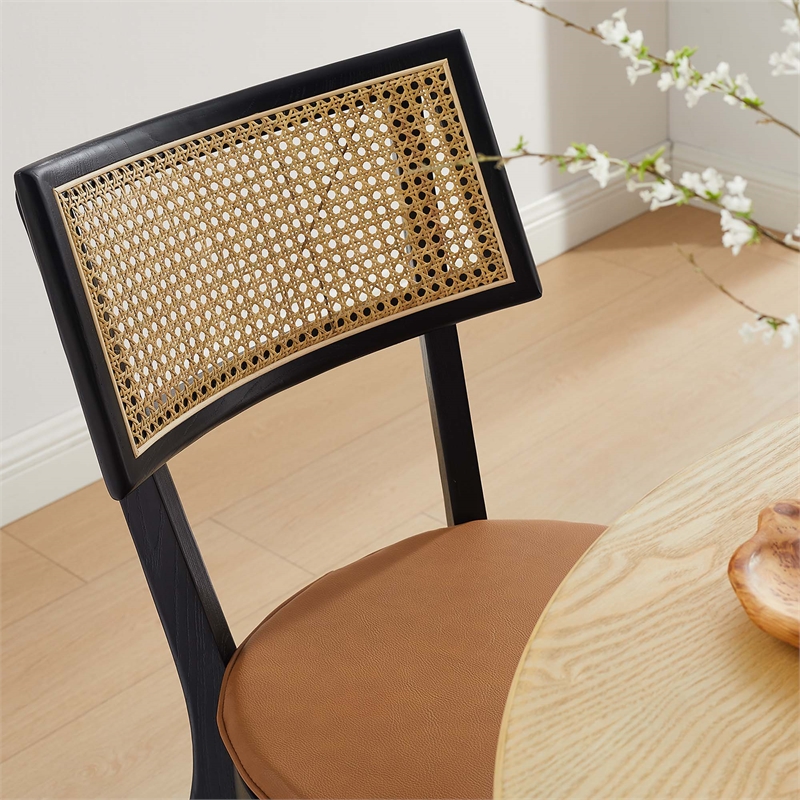 Caledonia Vegan Leather Upholstered Wood Dining ChairsSet of 2 in Black Tan