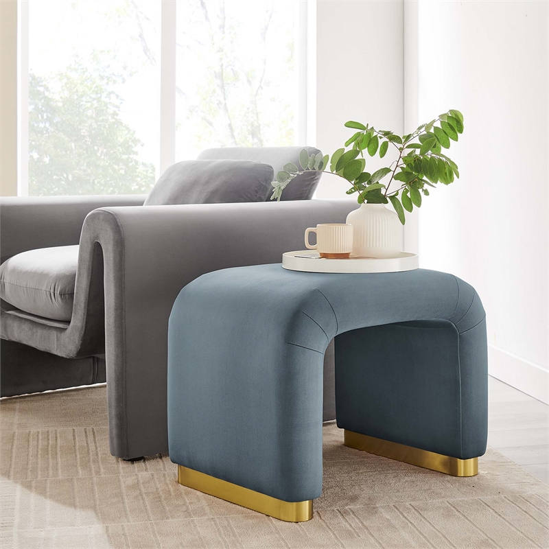 Koda Performance Velvet Waterfall Stool in Brass Cadet Blue