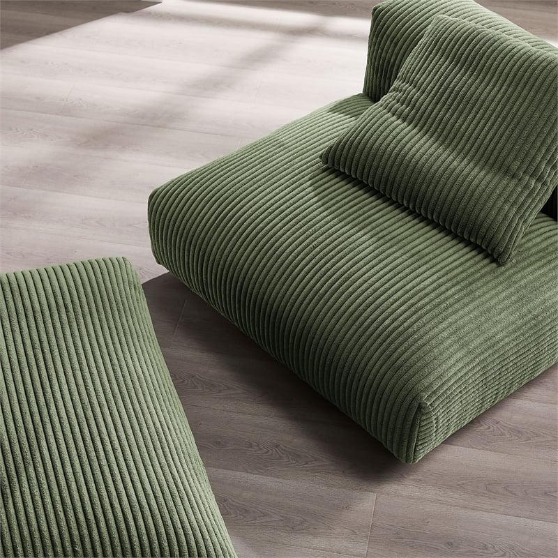 Solace Modular Corduroy Upholstered Armless Chair and Ottoman Set in Fern