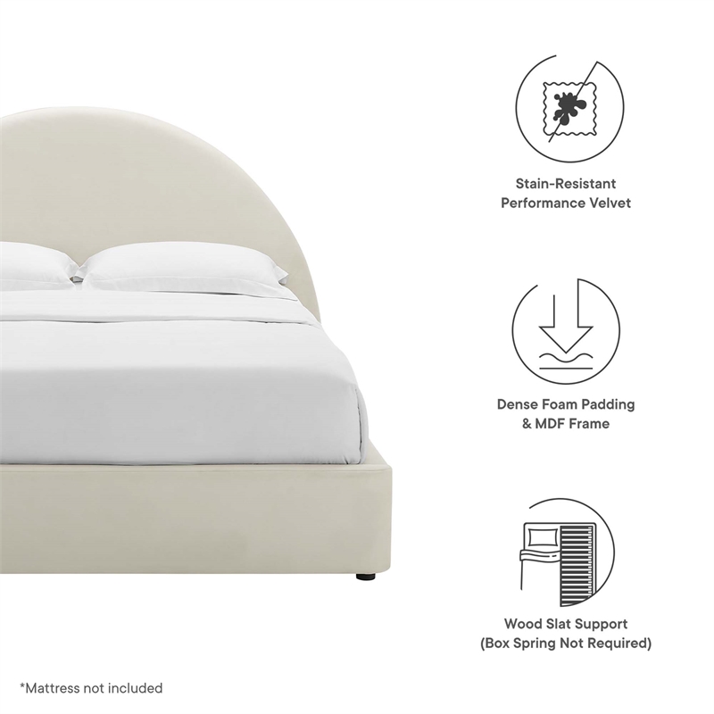 resort performance velvet arched round king platform bed in alabaster