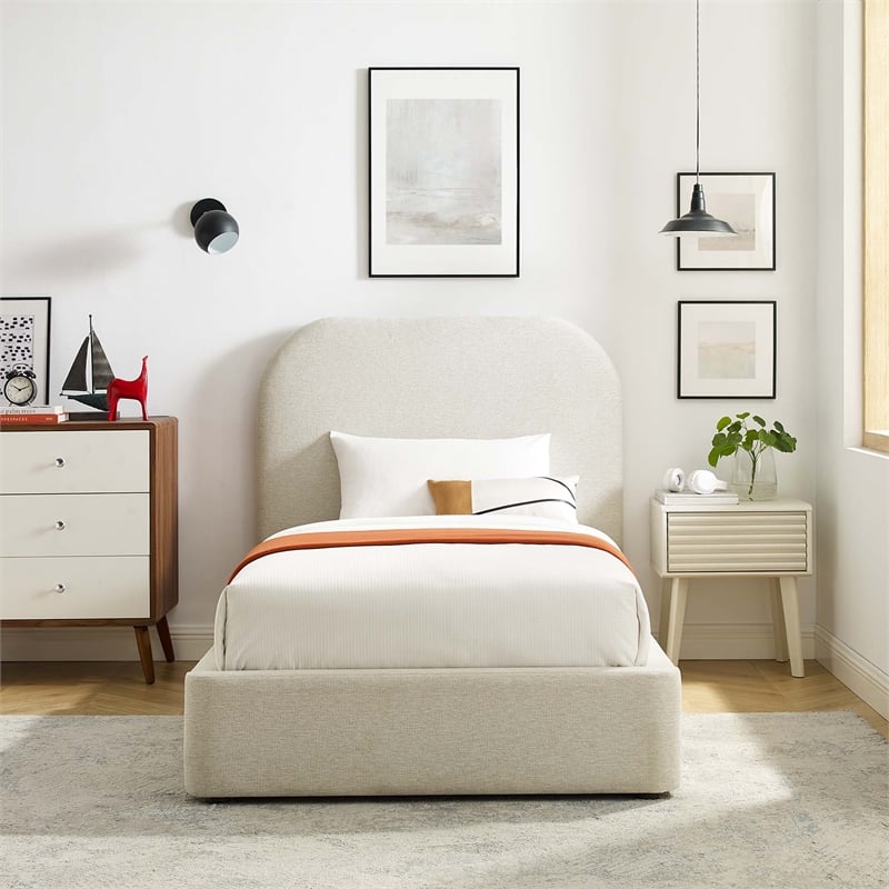 Keynote Upholstered Fabric Curved Twin Platform Bed in Heathered Weave Ivory