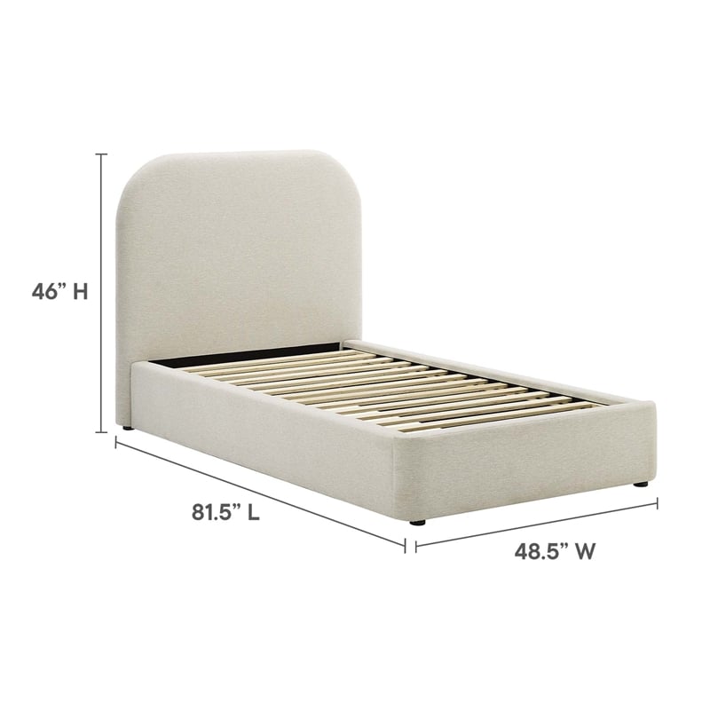 Keynote Upholstered Fabric Curved Twin Platform Bed in Heathered Weave Ivory