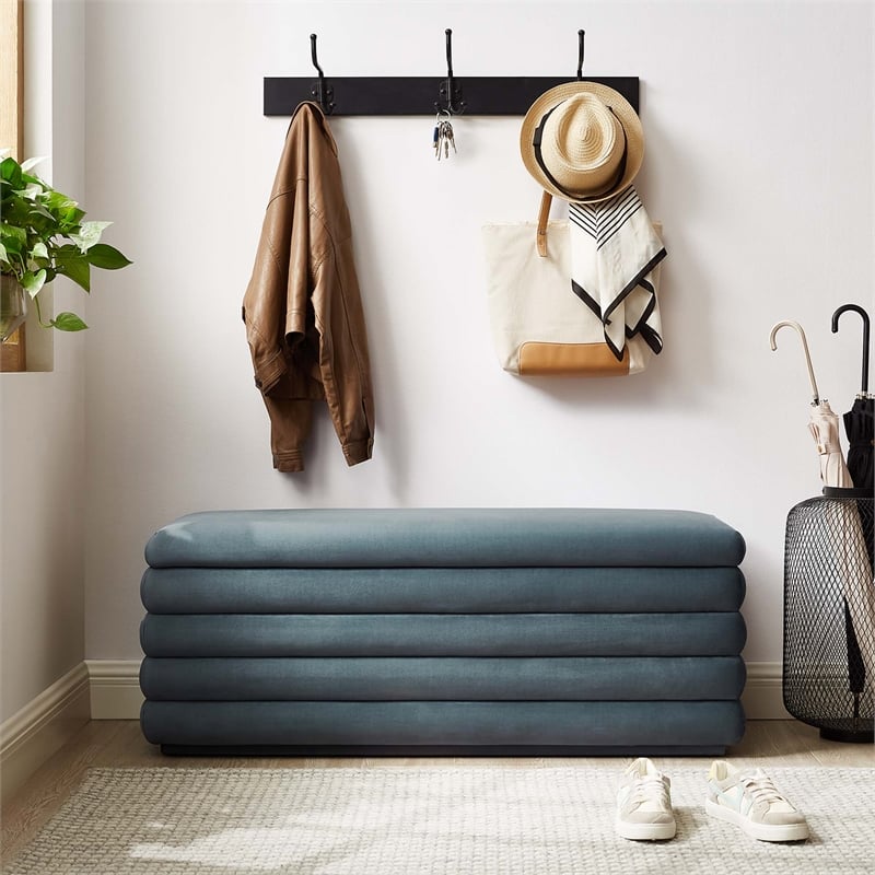 Mezzo Upholstered Performance Velvet Storage Bench in Cadet Blue