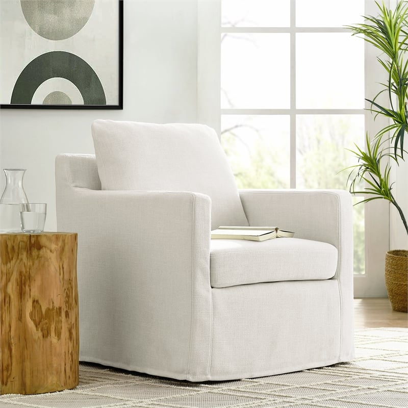 Serene Fabric Slipcovered Swivel Armchair in Salt