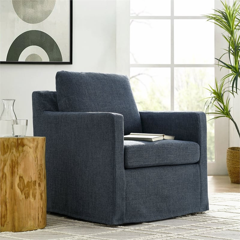 Serene Fabric Slipcovered Swivel Armchair in Slate Blue