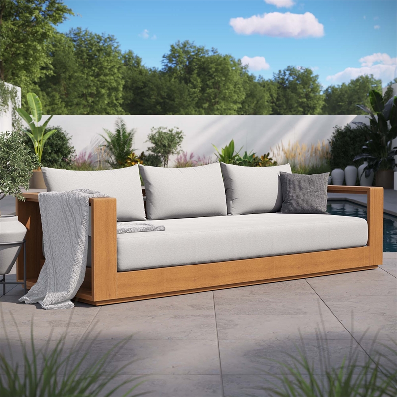 Tahoe Outdoor Patio Acacia Wood Sofa in Natural Light Gray