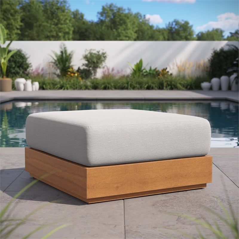 Tahoe Outdoor Patio Acacia Wood Ottoman in Natural Light Gray