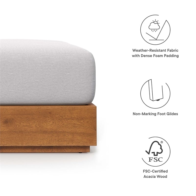 Tahoe Outdoor Patio Acacia Wood Ottoman in Natural Light Gray