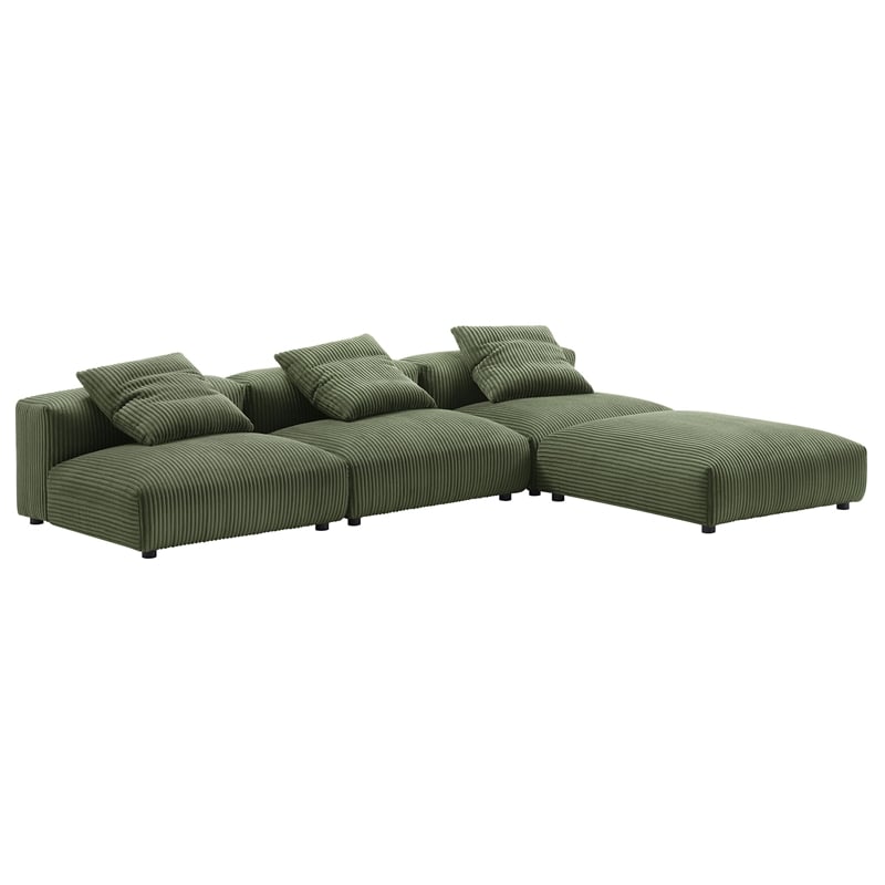 Modway Solace 4-Piece Modular Corduroy Upholstered Sectional Sofa in Fern