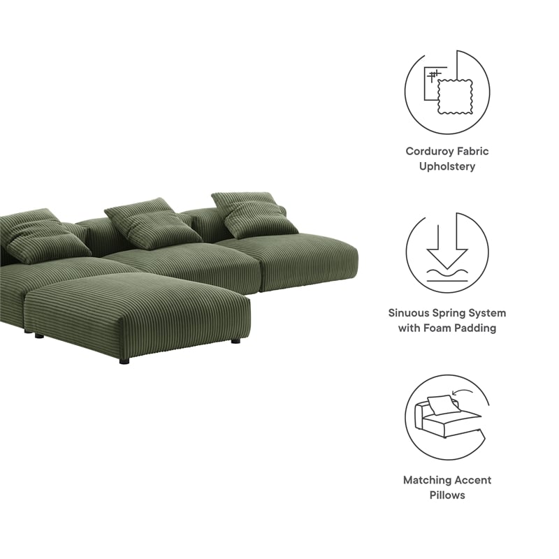 Modway Solace 4-Piece Modular Corduroy Upholstered Sectional Sofa in Fern
