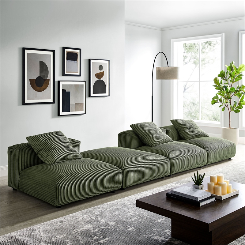 Modway Solace 4-Piece Modular Corduroy Upholstered Sectional Sofa in Fern