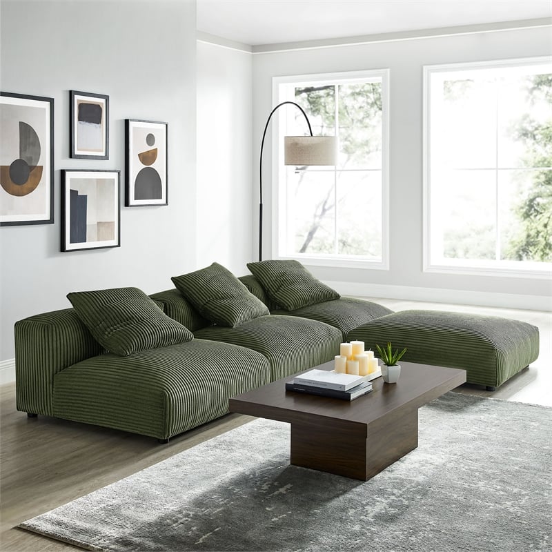 Modway Solace 4-Piece Modular Corduroy Upholstered Sectional Sofa in Fern