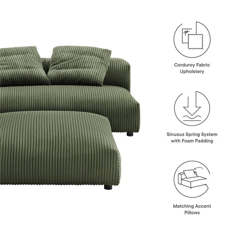 Solace Modular Corduroy Upholstered Armless Loveseat and Ottoman Set in Fern