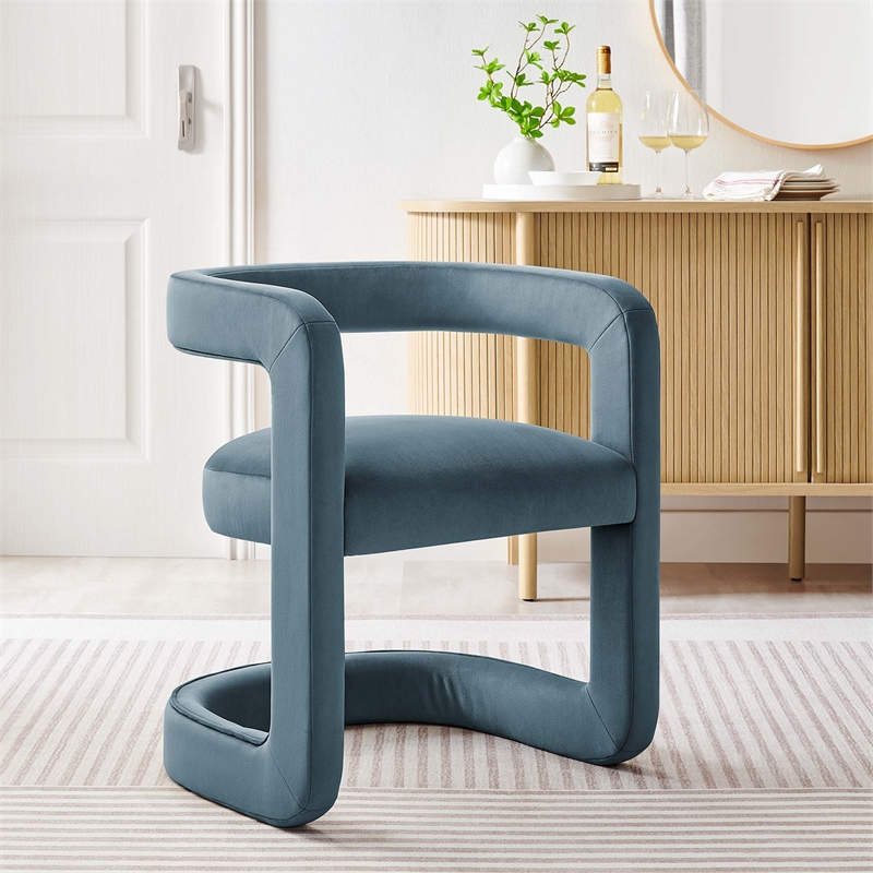 Winslow Barrel Performance Velvet Dining Chair in Cadet Blue