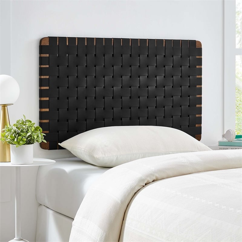 Sparta Weave Wall-Mount Vegan Leather Twin Headboard in Walnut Black
