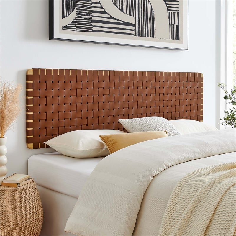 Sparta Weave Wall-Mount Vegan Leather King Headboard in Natural Brown