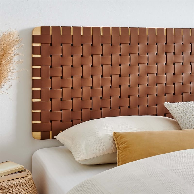 Sparta Weave Wall-Mount Vegan Leather King Headboard in Natural Brown