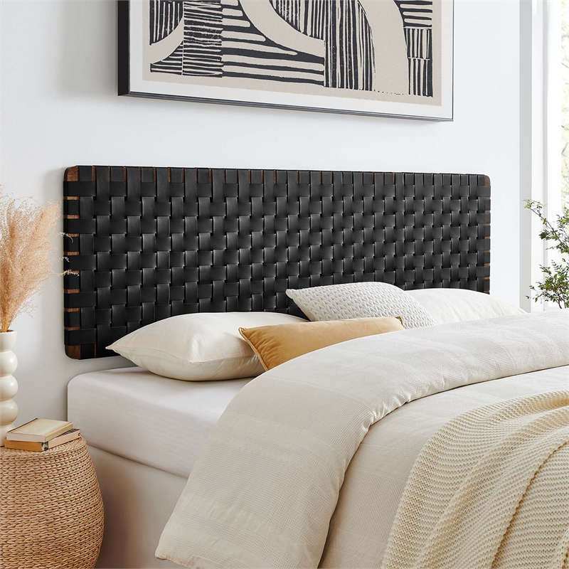 Sparta Weave Wall-Mount Vegan Leather King Headboard in Walnut Black