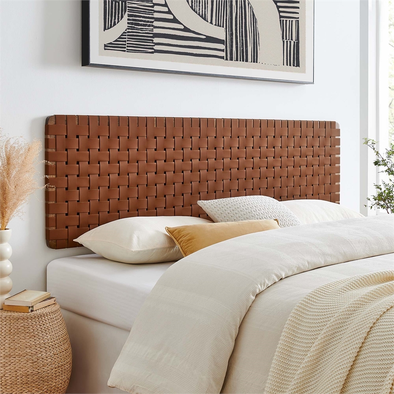 Sparta Weave Wall-Mount Vegan Leather King Headboard in Walnut Brown