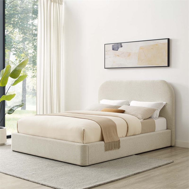 Keynote Upholstered Fabric Curved Queen Platform Bed in Heathered Weave Ivory