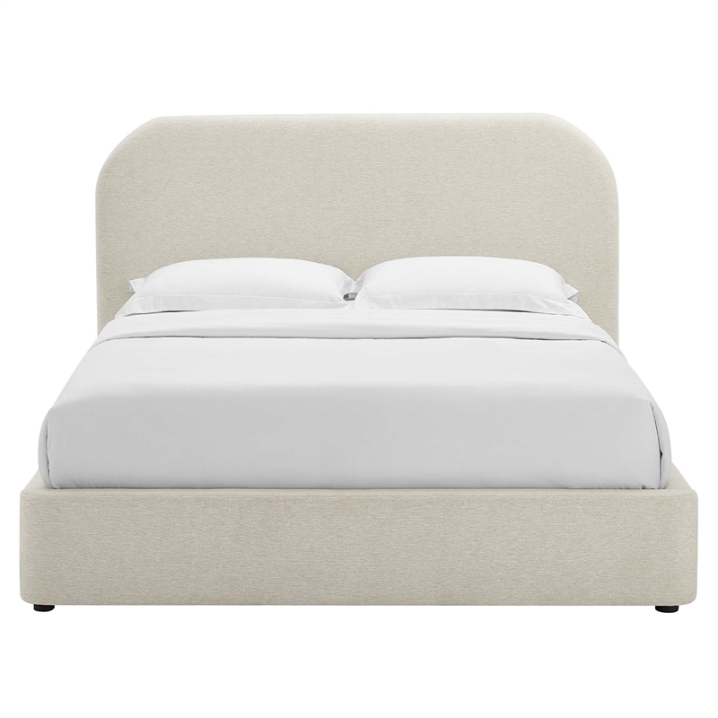 Keynote Upholstered Fabric Curved Queen Platform Bed in Heathered Weave Ivory