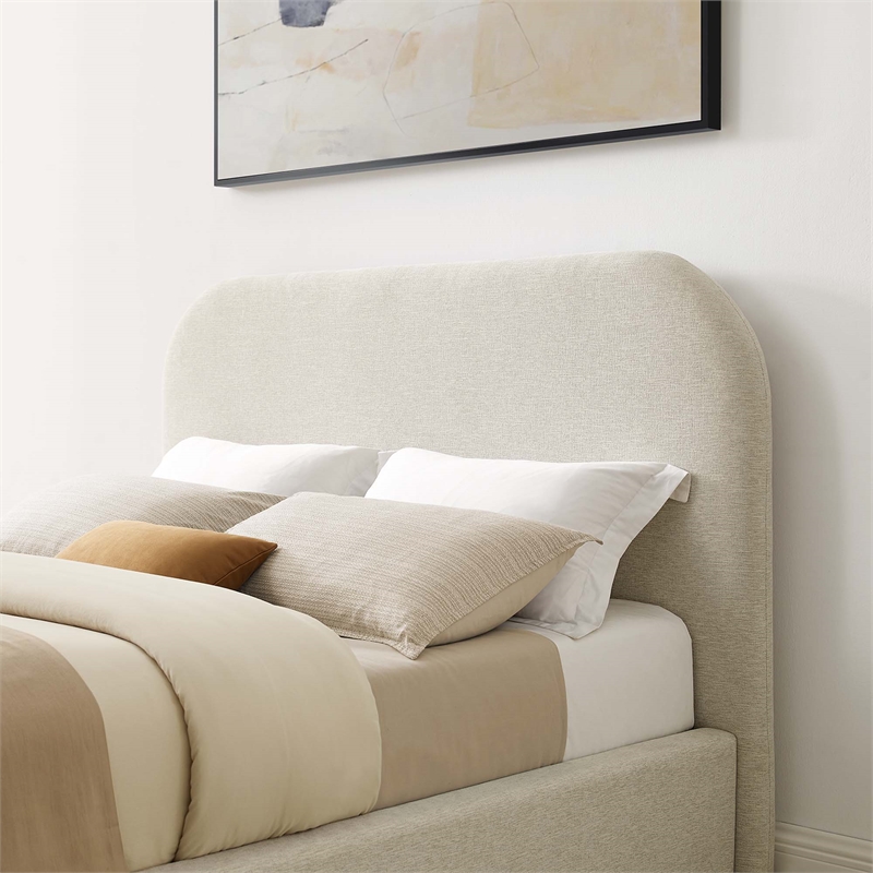 Keynote Upholstered Fabric Curved Queen Platform Bed in Heathered Weave Ivory