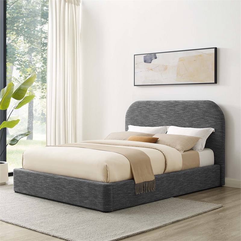 Keynote Upholstered Fabric Curved Queen Platform Bed in Heathered Weave Slate