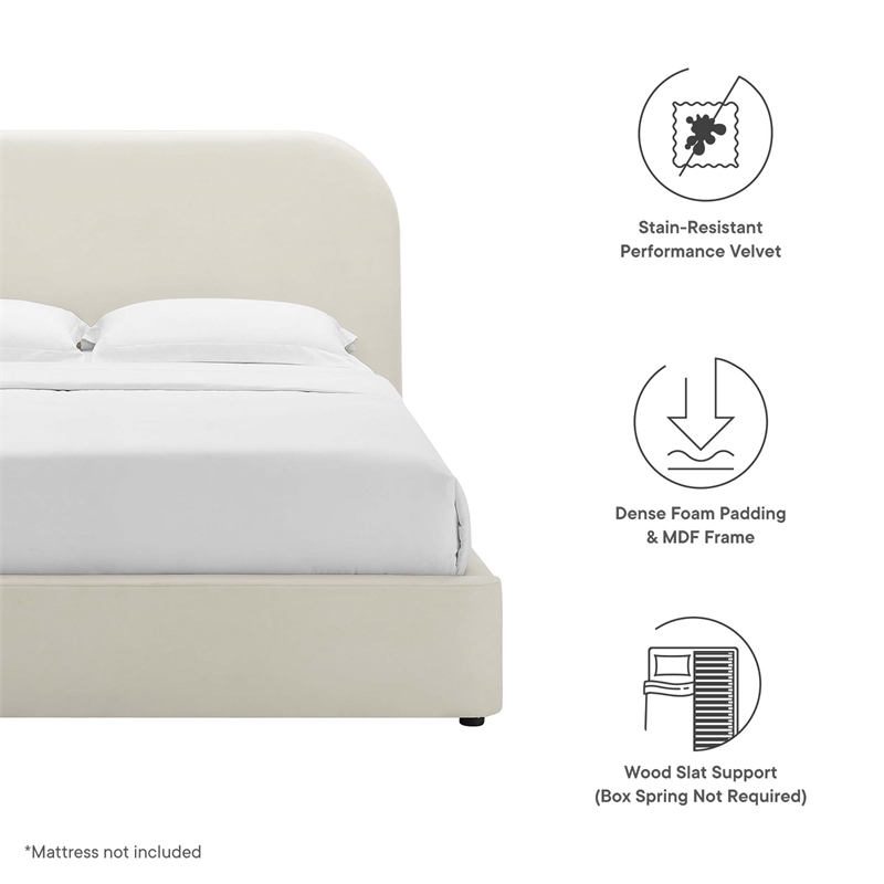 Keynote Performance Velvet Curved Queen Platform Bed in Alabaster