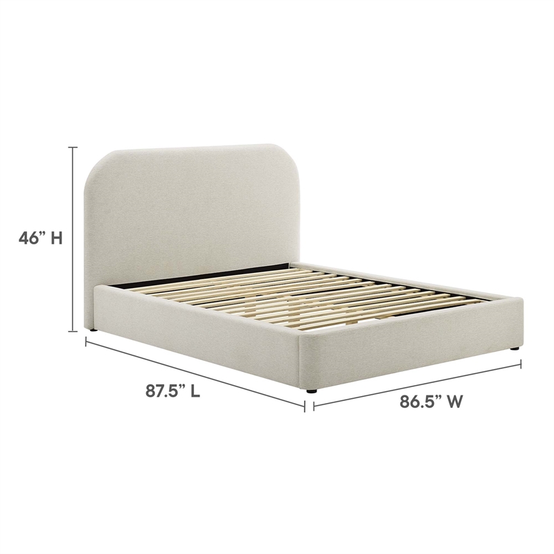Keynote Upholstered Fabric Curved King Platform Bed in Heathered Weave Ivory